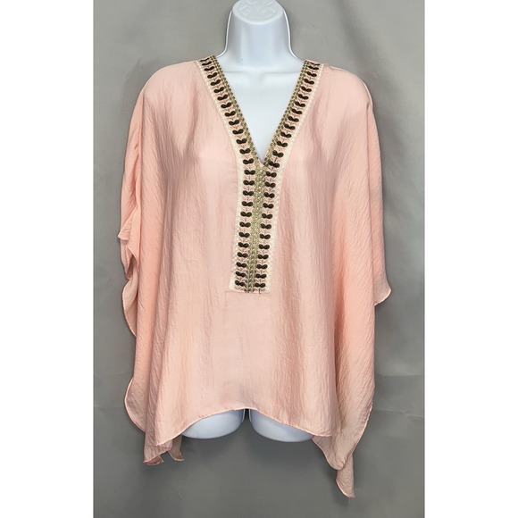 ANTHROPOLOGIE Floreat Bohemian Pink Peach Embroidered Poncho One Size - Picture 7 of 16